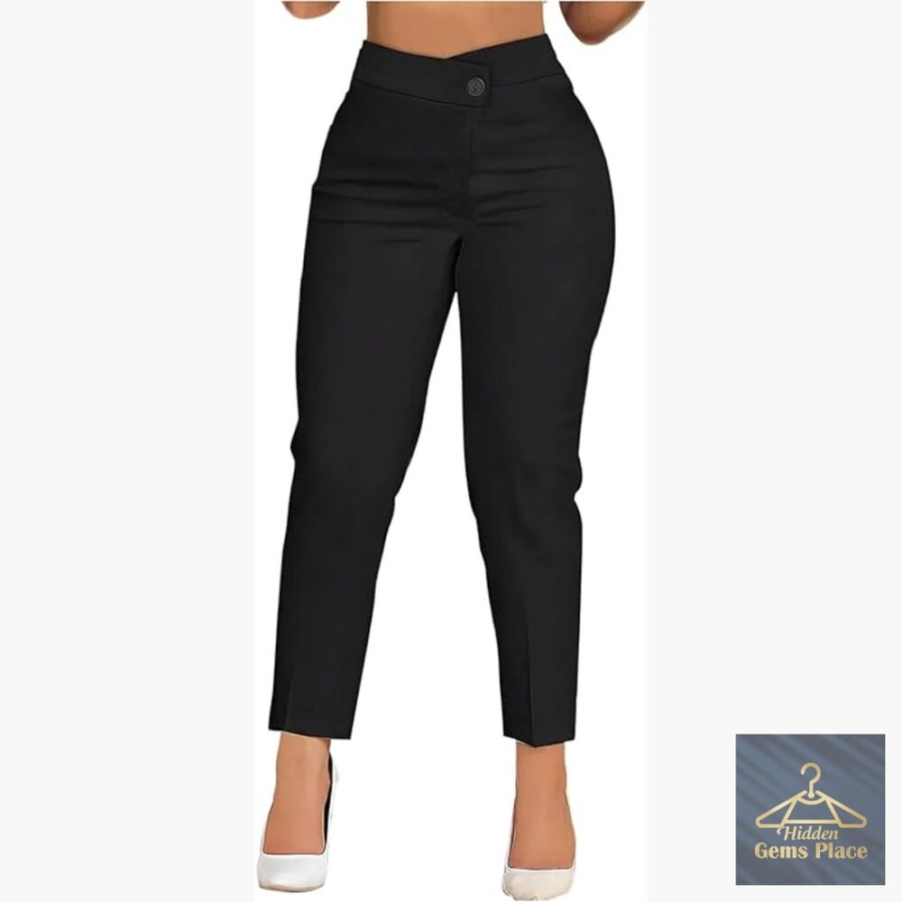 High Waisted Cropped Dress Pants Skinny Trousers Business Casual Office Wear - Picture 1 of 5